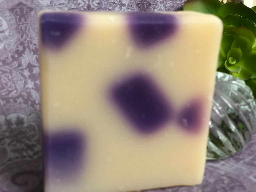 All natural handcrafted Runoku soap bar. Black Raspberry Vanilla. Cream color with purple random squares design. Pretty soap. Smells sweet